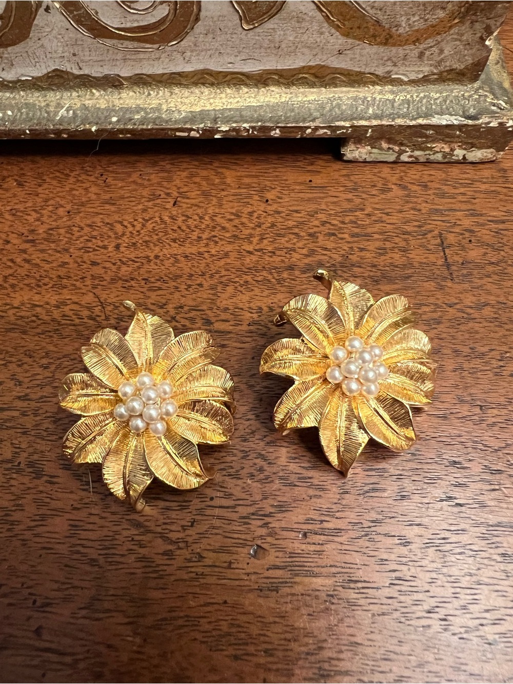 Gold Floral Pearl Cluster Pierced Earrings - Vintage Inspired
